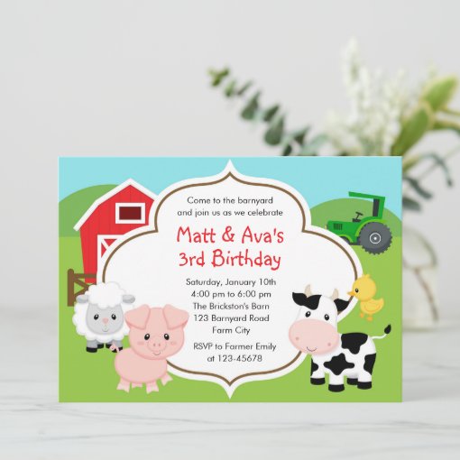 Farm Birthday Invitation - Boy Girl Twins Barnyard | Zazzle