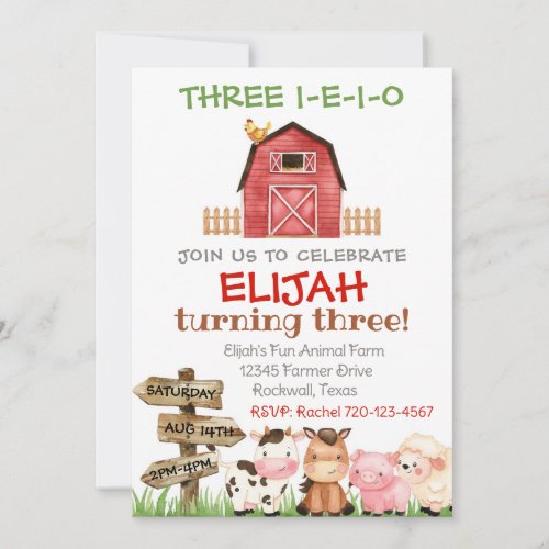 Farm Birthday Invitation, Boy Three I-E-I-O