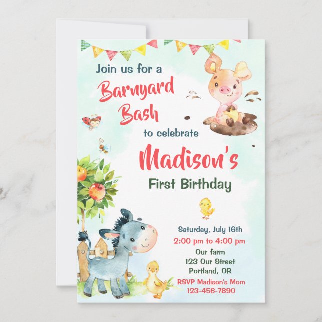 Farm birthday invitation Farm animals party invite (Front)
