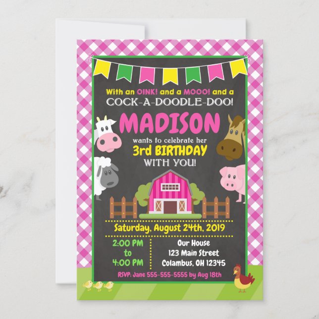 Farm Birthday Invitation / Girl Barnyard Party (Front)