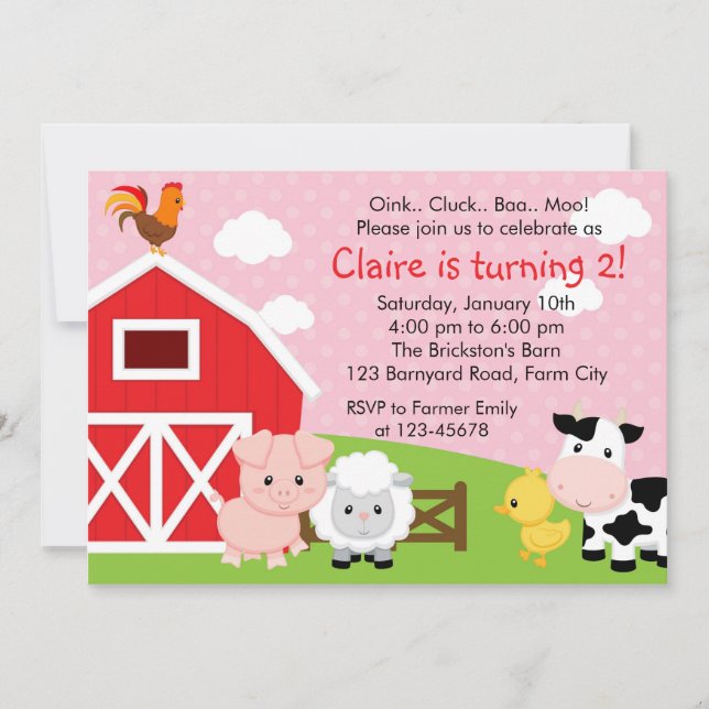 Farm Birthday Invitation - Girl (Pink) - Barnyard (Front)