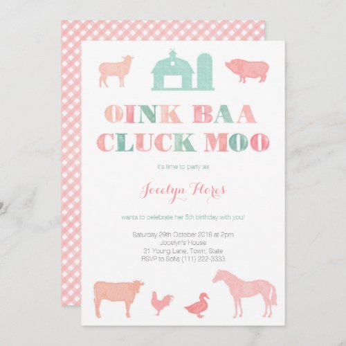 farm birthday party for girl oink baa cluck moo invitation