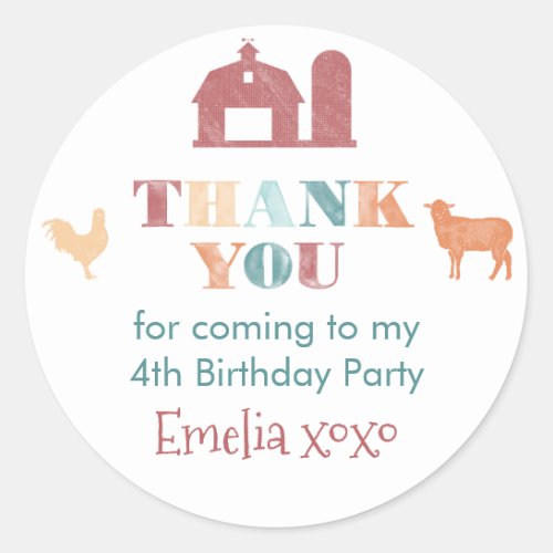Farm Birthday Party Gender Neutral Thank You Favor Classic Round Sticker