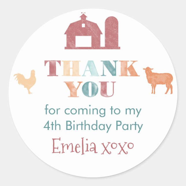 Farm Birthday Party Gender Neutral Thank You Favor Classic Round Sticker (Front)
