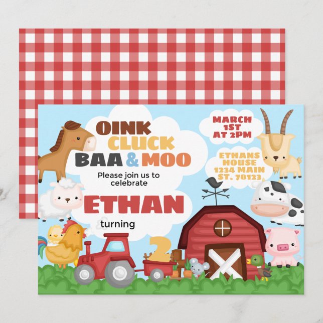 Farm Birthday Party Invitation Invite (Front/Back)