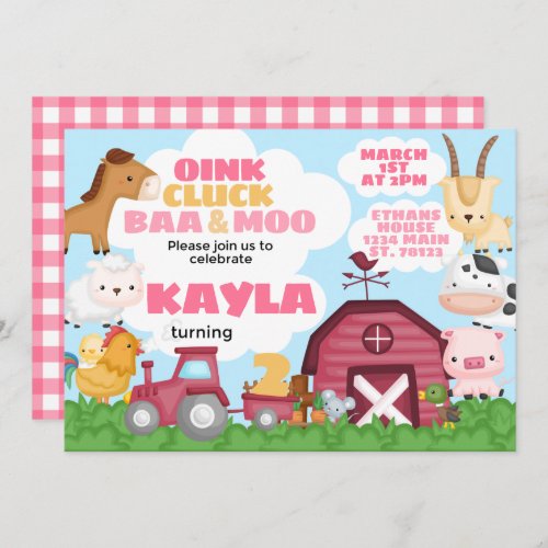 Farm Birthday Party Invitation Pink Girl