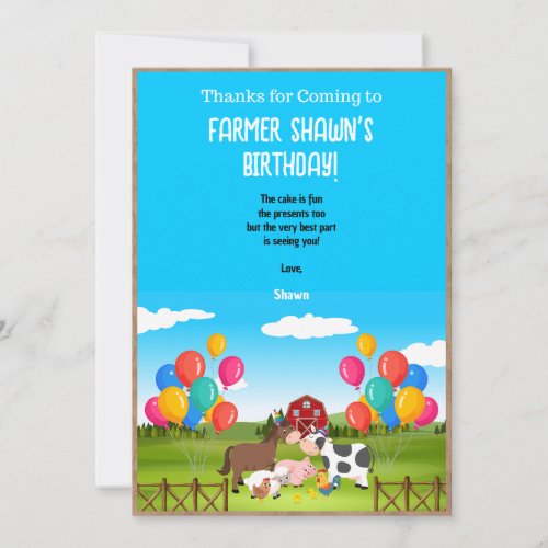 Farm Birthday Party Thank You Card
