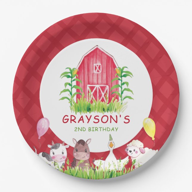 Farm Birthday Personalized Plaid Paper Plates (Front)