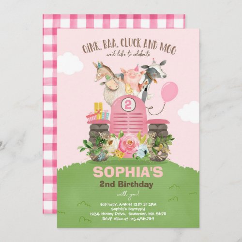 Farm Birthday Pink Old MacDonald Barnyard Party Invitation