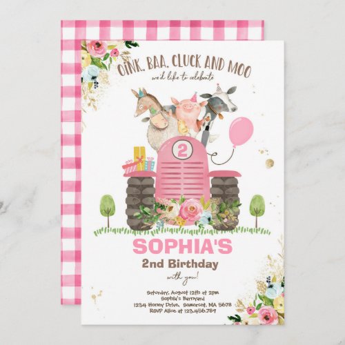 Farm Birthday Pink Old MacDonald Barnyard Party Invitation