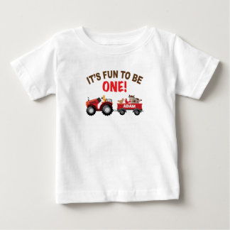 Farm birthday with barn and tractor and animal baby T-Shirt