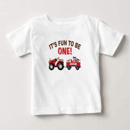 Farm birthday with barn and tractor and animal baby T_Shirt