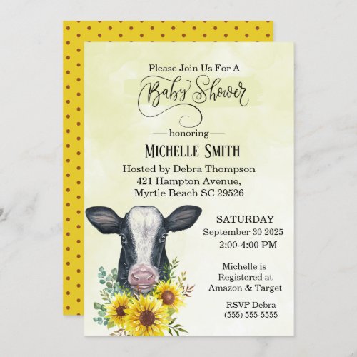 Farm Black Cow Yellow Sunflower Baby Shower   Invitation