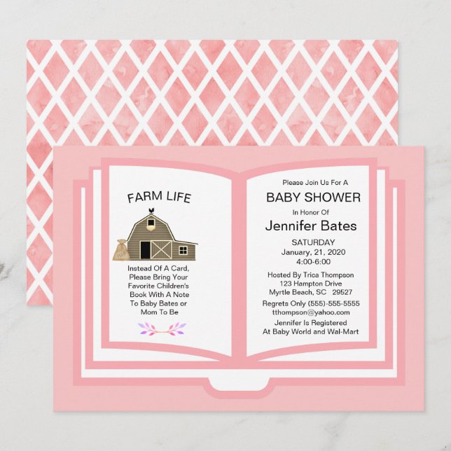 Farm Book Theme Baby Girl Shower Invitation (Front/Back)