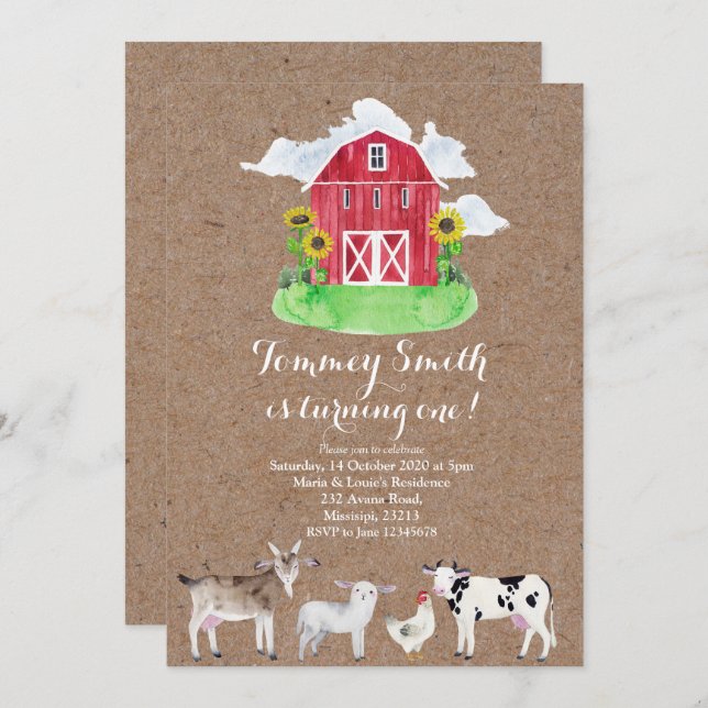 Farm Boy 1st Birthday Invitation (Front/Back)