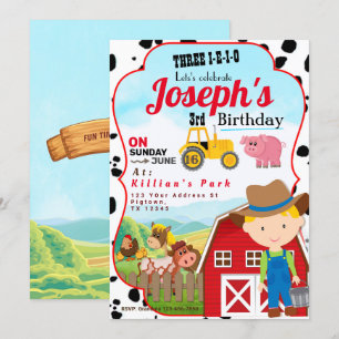 FARM BOY 3rd BIRTHDAY INVITATION THREE-I-I-I-O