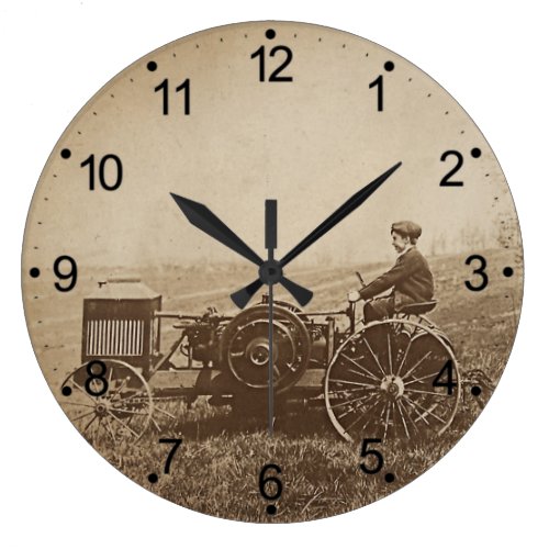 Farm Boy &amp; Antique Tractor Brown Large Clock