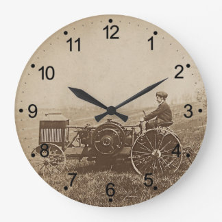 Farm Boy & Antique Tractor Brown Large Clock