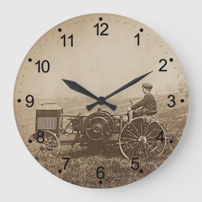 Farm Boy & Antique Tractor Brown Large Clock (Front)