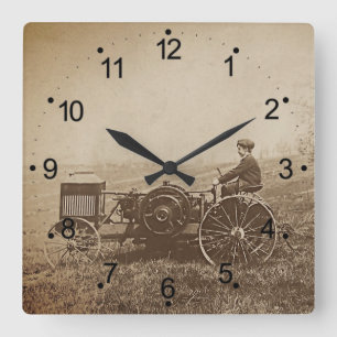 Farm Boy & Antique Tractor Brown Square Wall Clock