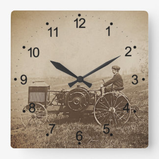 Farm Boy & Antique Tractor Brown Square Wall Clock