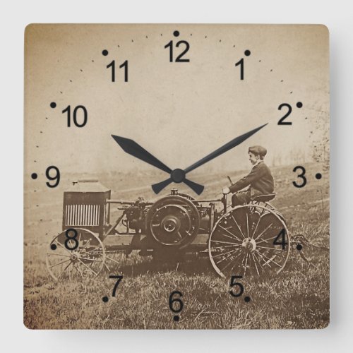 Farm Boy  Antique Tractor Brown Square Wall Clock