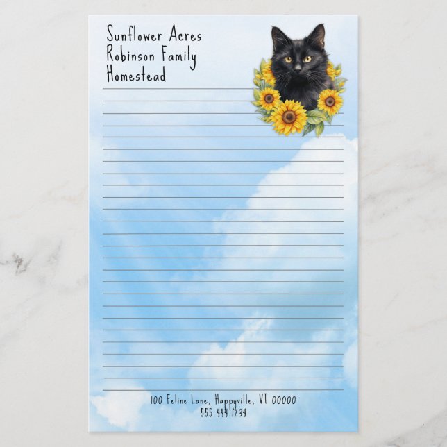 Farm Cat Sunflowers Lined Business Stationery (Front)
