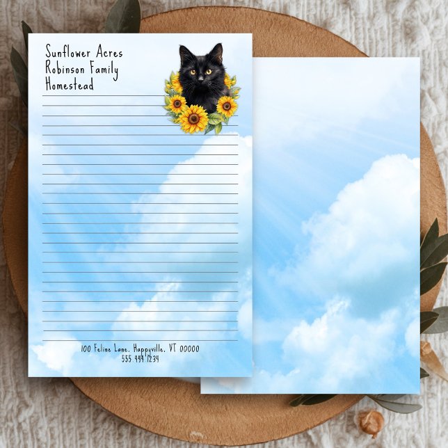 Farm Cat Sunflowers Lined Business Stationery (Creator Uploaded)