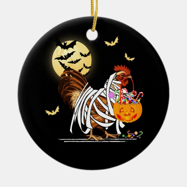 Farm Chicken Mummy Pumpkin Jack O Lantern Hallowee Ceramic Ornament (Front)