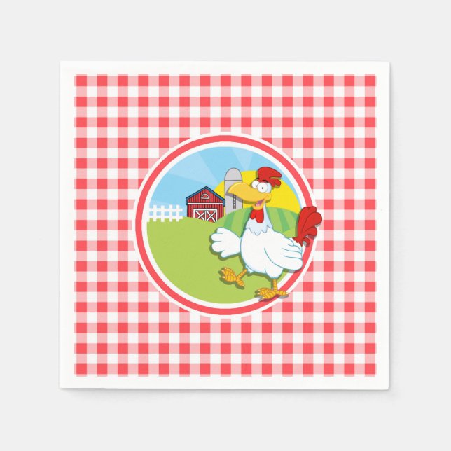 Farm Chicken; Red and White Gingham Napkins (Front)