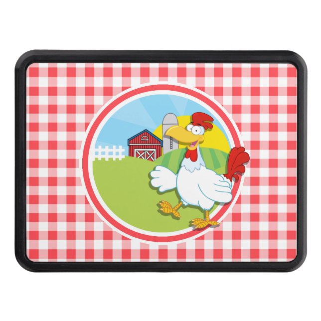 Farm Chicken; Red and White Gingham Trailer Hitch Cover (Front)