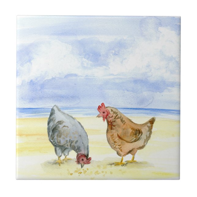 FARM CHICKEN TILE, LOVELY HENS EATING CERAMIC TILE (Front)