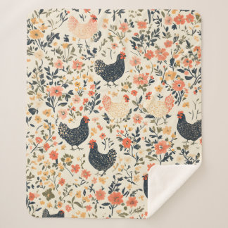 Farm Chickens, Hens \ Flowers Cottage Sherpa Blanket