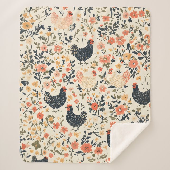 Farm Chickens, Hens \ Flowers Cottage  Sherpa Blanket (Front)