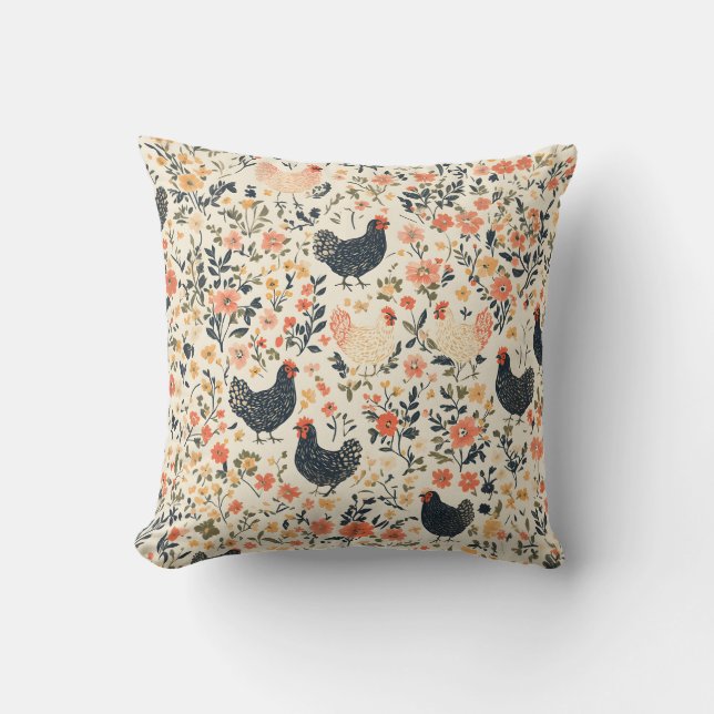 Farm Chickens, Hens \ Flowers Cottage  Throw Pillow (Front)