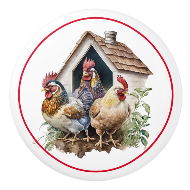 Farm Chickens Red Barn Country   Ceramic Knob (Front)