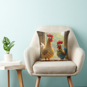 Farm Chickens With White Egg Throw Pillow