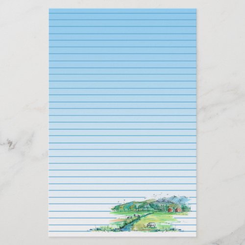 Farm Country Cows Red Barn Landscape Blue Lined Stationery