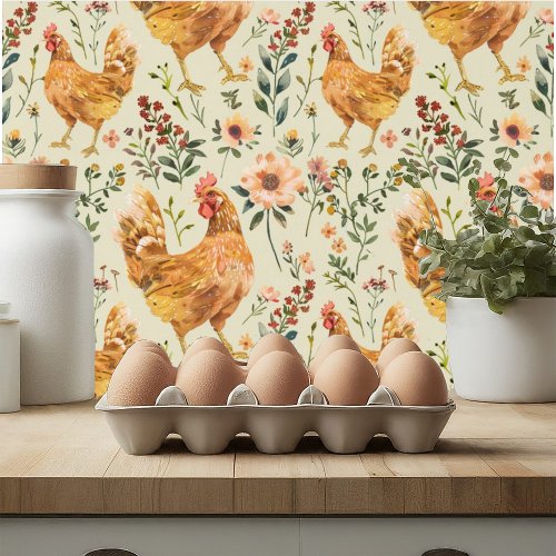 Farm Country Hen Floral Wallpaper