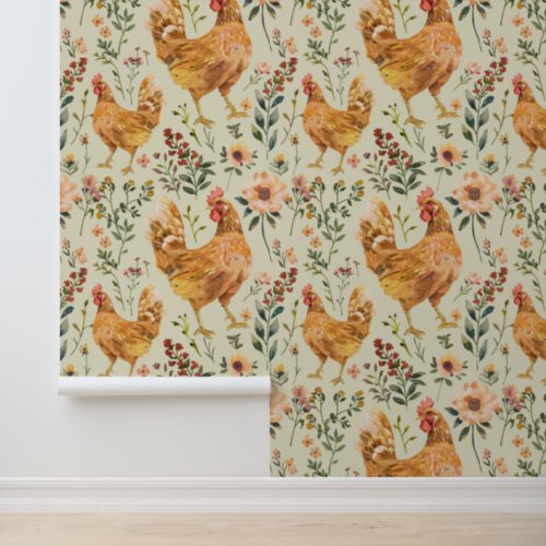 Farm Country Large Hen Floral Wallpaper