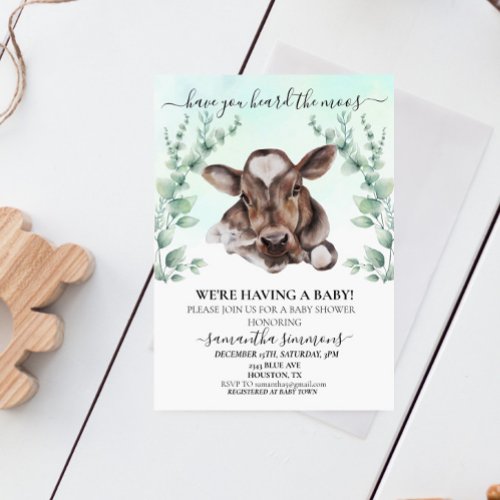 Farm Cow Calf Baby Shower Eucalyptus   Invitation