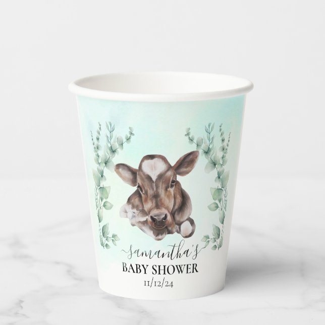 Farm Cow Calf Baby Shower Eucalyptus    Paper Cups (Front)