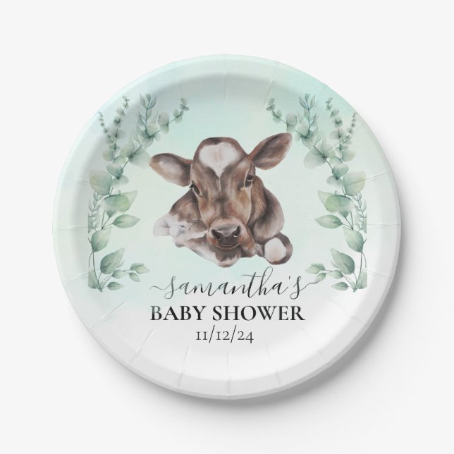 Farm Cow Calf Baby Shower Eucalyptus   Paper Plates (Front)