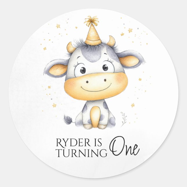Farm Cow First Birthday Round Favor Stickers (Front)