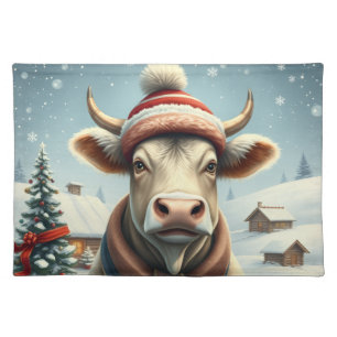Farm Cow in Preppy Winter Attire and Hat Winter Cloth Placemat