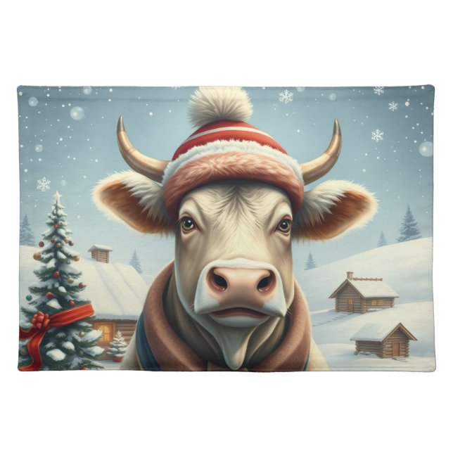 Farm Cow in Preppy Winter Attire and Hat Winter Cloth Placemat (Front)
