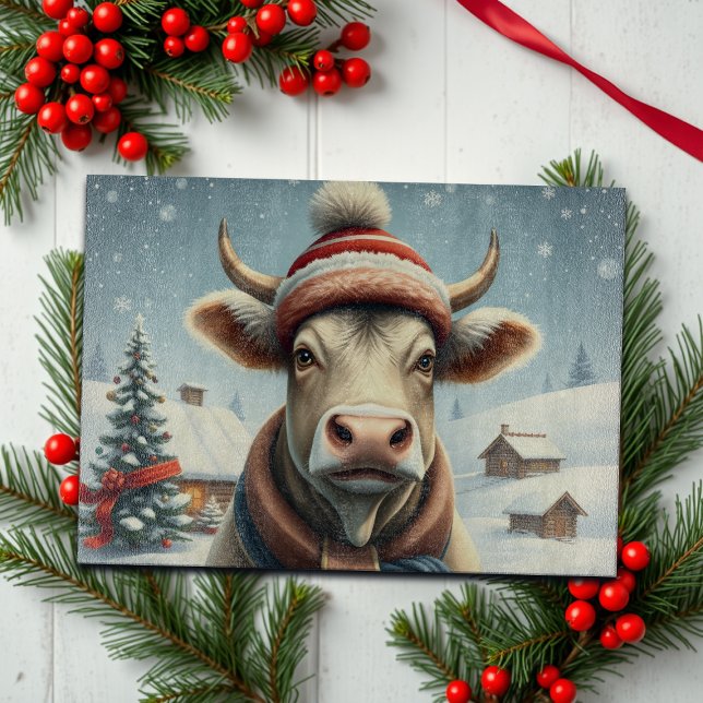 Farm Cow in Preppy Winter Attire and Hat Winter Cutting Board (Creator Uploaded)