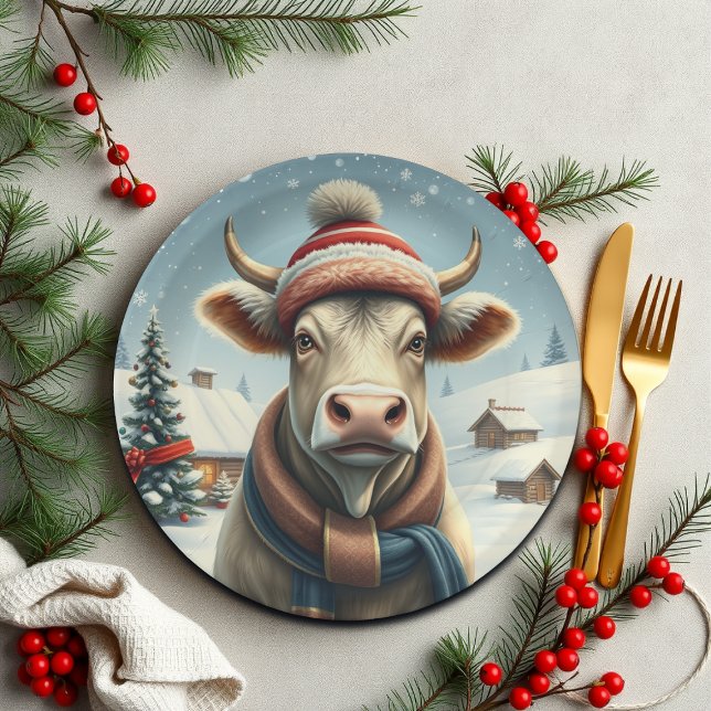 Farm Cow in Preppy Winter Attire and Hat Winter Paper Plates (Creator Uploaded)