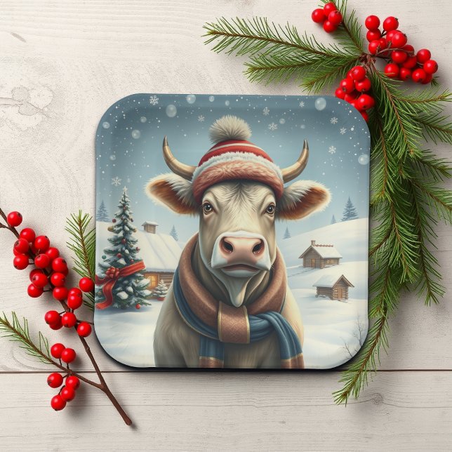 Farm Cow in Preppy Winter Attire and Hat Winter Paper Plates (Creator Uploaded)