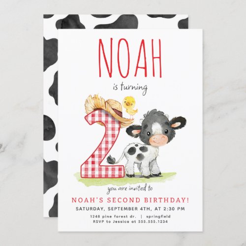 Farm Cow Second Birthday Invitation